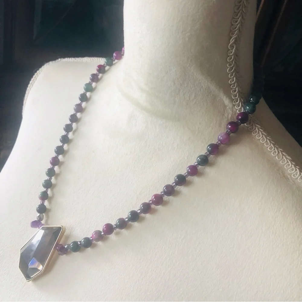 Handcrafted genuine ruby in zoisite geometric topaz pendant necklace